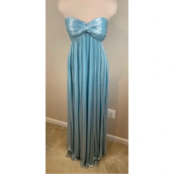 RETROFETE Zoa Strapless Pleated Metallic Blue Silver Maxi Dress Size XL